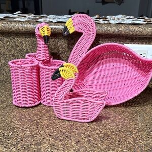 Pink Flamingo Wicker Decor Set